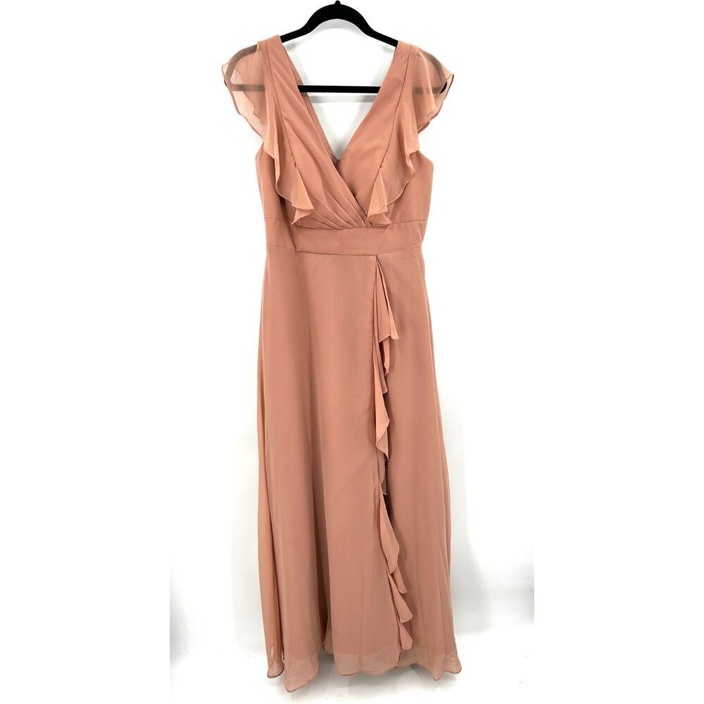 LAVETIR Blush Pink Ruffle Faux Wrap Corset Lace Up Back Maxi Bridesmaid Dress